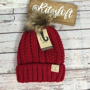 Kids CC‎ Beanie Lined Hat Cable Knit with Pom